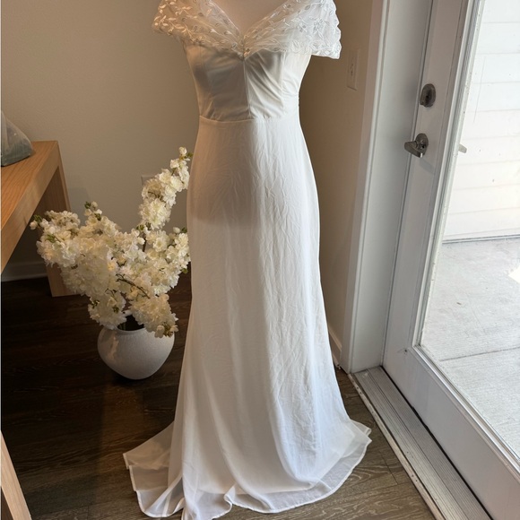 Wedding Dress off shoulder White Sheer Floral Gown size Small - Picture 2 of 11
